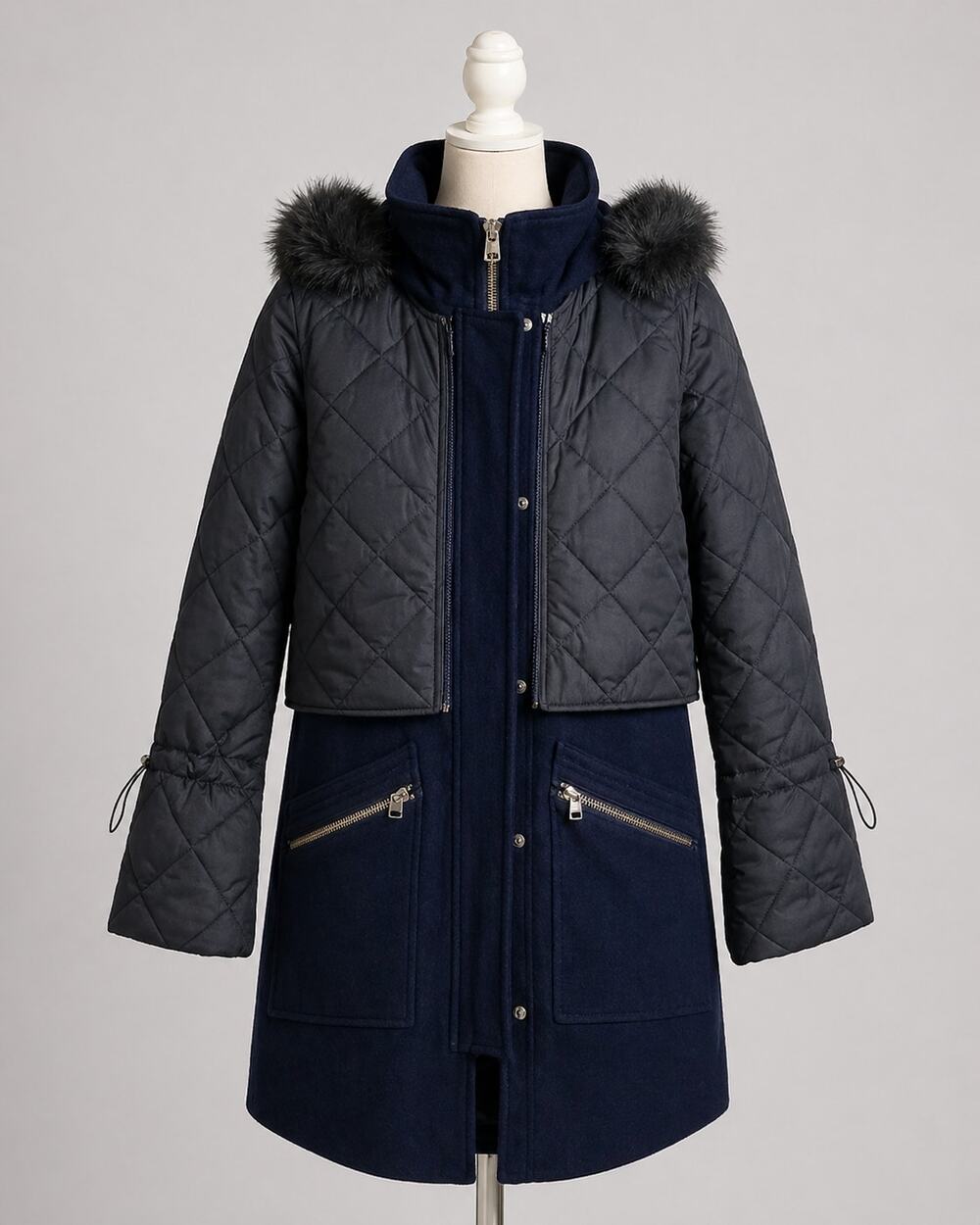 Joie | Blue Wool Coat Removable Puffer Vest & Hood Faux Fur Small